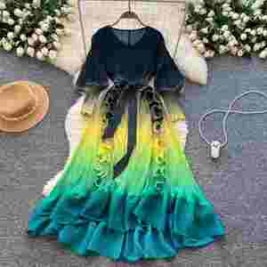 Robe midi plissée à col en V pour femme, style tunique, avec manches lanternes, coupe empire, dégradé et dentelle à volants - Product Image 2