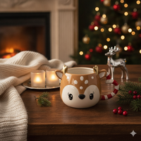 Mug à café en céramique personnalisé, cerf fauve mignon en dessin animé 3D, poignée rayée en forme de canne à sucre avec bois de cerf doré, cadeau de Noël