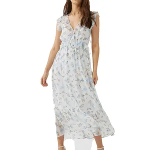 Yeni stil moda kadın artı boyutu rahat beyaz baskı yaz Maxi elbise