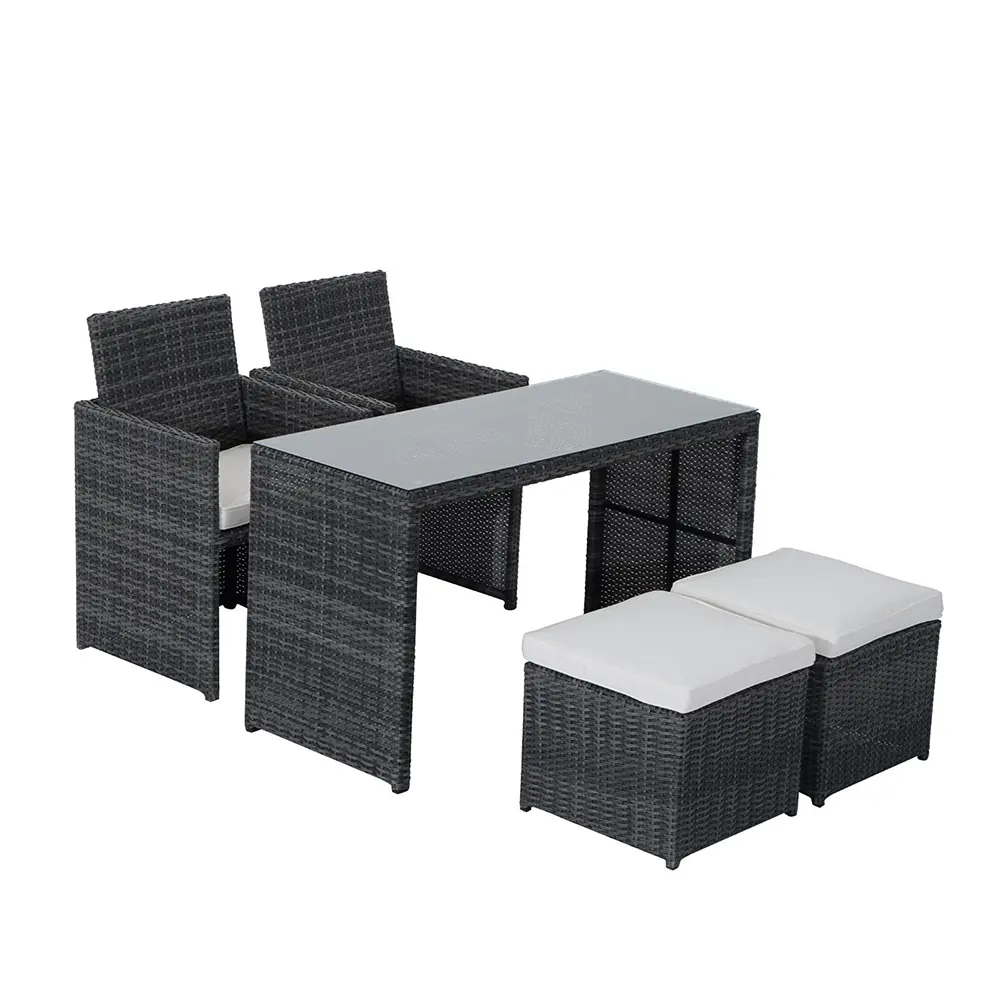 Nova tabela e cadeiras externas do pátio do jardim ao ar livre com cadeiras ottoman conjunto de móveis recipientes