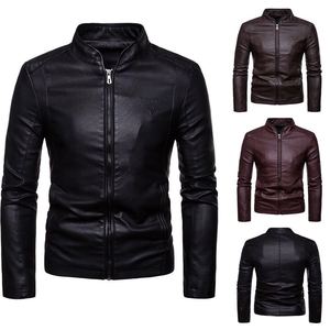 Giacca invernale calda con colletto rigido in <span class=keywords><strong>pelle</strong></span> sintetica da <span class=keywords><strong>uomo</strong></span> <span class=keywords><strong>cappotto</strong></span> da motociclista <span class=keywords><strong>di</strong></span> strada con cerniera a pieghe <span class=keywords><strong>di</strong></span> colore nero - Product Image 2