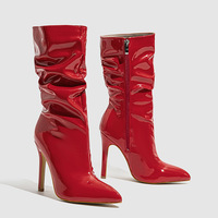 Bottes à talons hauts élastiques pour femmes, en cuir verni pointu, avec fermetures éclair tendance, talons fins, bottes mi-mollet superposées pour femmes