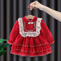 Robe Cheongsam de style chinois pour petites filles, broderie florale, dentelle, volants, manches longues, tulle superposé, tenue de princesse