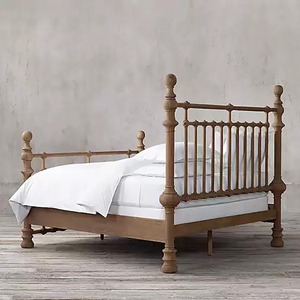 Lit double en bois massif de style farmhouse américain personnalisé, lit de princesse à poteaux romains en chêne vieilli de style rétro français pour chambre principale - Product Image 2
