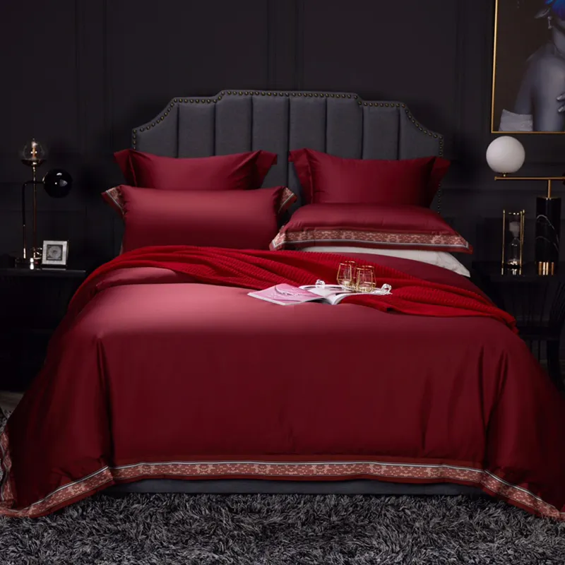 Factory Direct High Quality Luxury style red soft silky texture comforter duvet cover set bed sheet