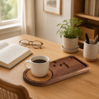 Plateau de service en bois d'acacia avec sous-verre en rotin, plateau à café et thé en bois naturel pour la maison, la cuisine, la table, cadeau, livraison directe