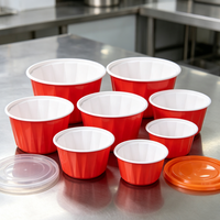 Bol à emporter en plastique rouge et blanc pour usage en restaurant, boîte d'emballage alimentaire résistante au congélateur avec couvercle transparent