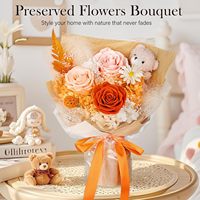 Bouquet de roses et d'hortensias préservés orange avec ours en peluche, fleurs artisanales longue durée, cadeau pour anniversaire, Saint-Valentin, maman, petite amie