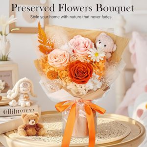 Ramo <span class=keywords><strong>de</strong></span> Hortensias y Rosas Preservadas en Color Naranja con Oso <span class=keywords><strong>de</strong></span> Peluche, Regalo Floral Hecho <span class=keywords><strong>a</strong></span> Mano <span class=keywords><strong>de</strong></span> Larga Duración para <span class=keywords><strong>Cumpleaños</strong></span>, San Valentín, Mamá, Novia - Product Image 3