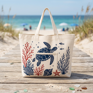 Bolsa de Compras de Algodón con Estampado de Tortuga Marina, Bolsa de Compras de Algodón con Diseño de Coral y Estrella de Mar - Product Image 1