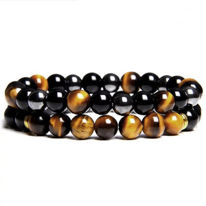 Dreifach schutz Schmuck Naturstein Perlen Herren Heil kristall Schwarz Obsidian Tiger Auge Hämatit Perlenkette für Männer - Product Image 6