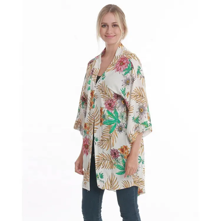 Women 3/4 Sleeve Floral Chiffon Casual Loose Kimono Cardigan Capes