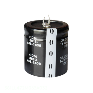 Condensador de canal del fabricante 381LL472M063A032 de orificio pasante, 4700 uF, aluminio, 4700UF, 20%, 63V, SNAP TH - Product Image 1