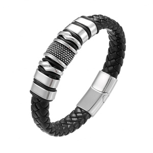 2024 High Quality Wholesale Bulk Stainless Steel Genuine Leather Bracelet for <b>Men</b> Jewelry - Product Image 1