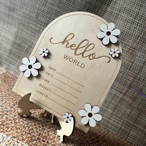 Panneau d'annonce pour bébé en bois Bonjour le monde Annonce de naissance avec plaque de fleurs pour accessoires photo, douche de bébé, hôpital, pépinière - Product Image 3