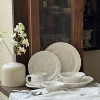 Assiettes à dîner en porcelaine irrégulière à bord perlé, vaisselle en céramique, bols à soupe, plats, tasses, ensemble de vaisselle