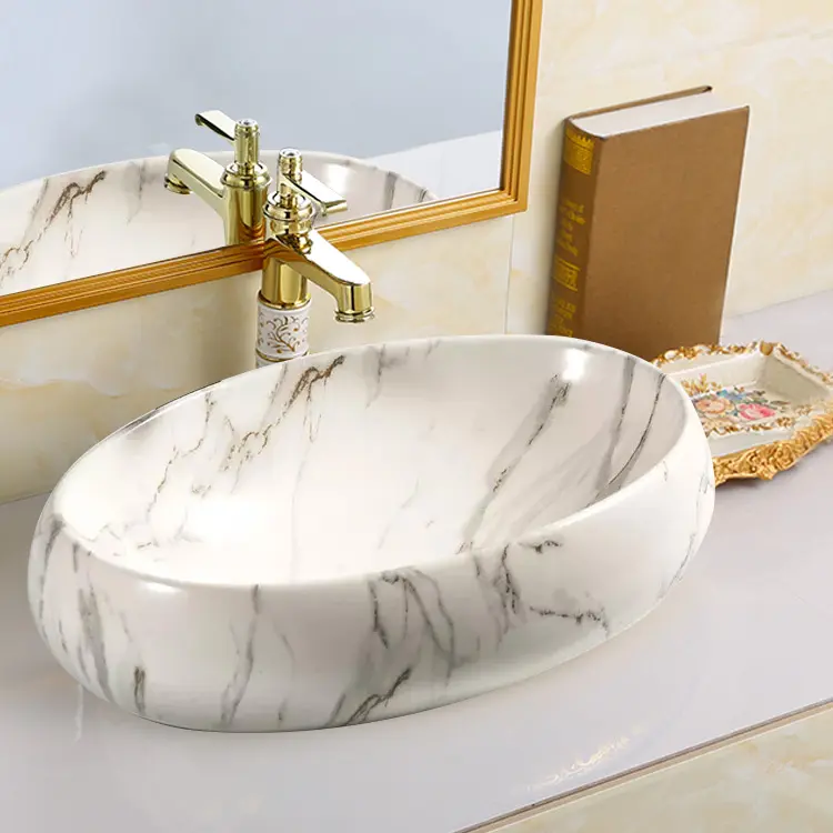 Bathroom Luxury Hotel Vanity Basin Porcelain Marble Look Ceramic Art Marble Wash Basin Countertop Vessel Sink