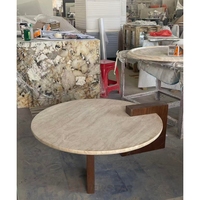 Table basse en travertin haut de gamme, surface en pierre naturelle ronde, base en bois, table basse de luxe pour espaces de vie