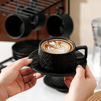 Ensemble tasse et soucoupe en céramique à texture rocheuse, noir mat, pour latte, cappuccino, expresso, style vintage, pour café et maison