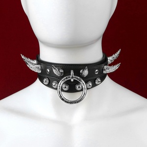 Moon-Shaped O-Ring Adjustable <b>BDSM</b> Fetish Bondage Choker Long Spiked Leather <b>Collar</b> for Men and Women - Product Image 4