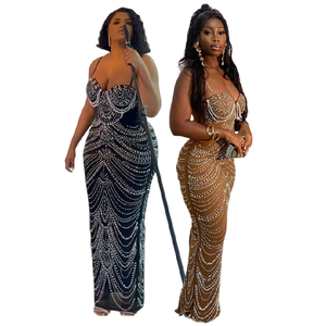 Y901322 abito lungo di lusso abiti da sera Sexy maglia senza maniche dietro con spacco di strass abiti da festa delle donne <span class=keywords><strong>vestito</strong></span> da festa per le donne - Product Image 1