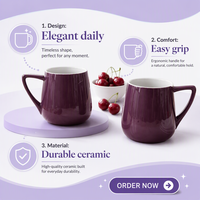 Paire de tasses en céramique à poignée triangulaire, intérieur blanc brillant motif raisin prune, poignées orientées dans le sens opposé, plateau de service en bambou