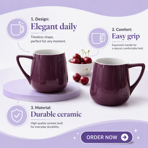 Paire de tasses en céramique à poignée triangulaire, intérieur blanc brillant motif raisin prune, poignées orientées dans le sens opposé, plateau de service en bambou - Product Image 2