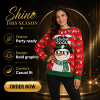 Pull de Noël en tricot à col rond pour femme, motif bonhomme de neige rouge, idéal pour les fêtes, vente en gros personnalisée