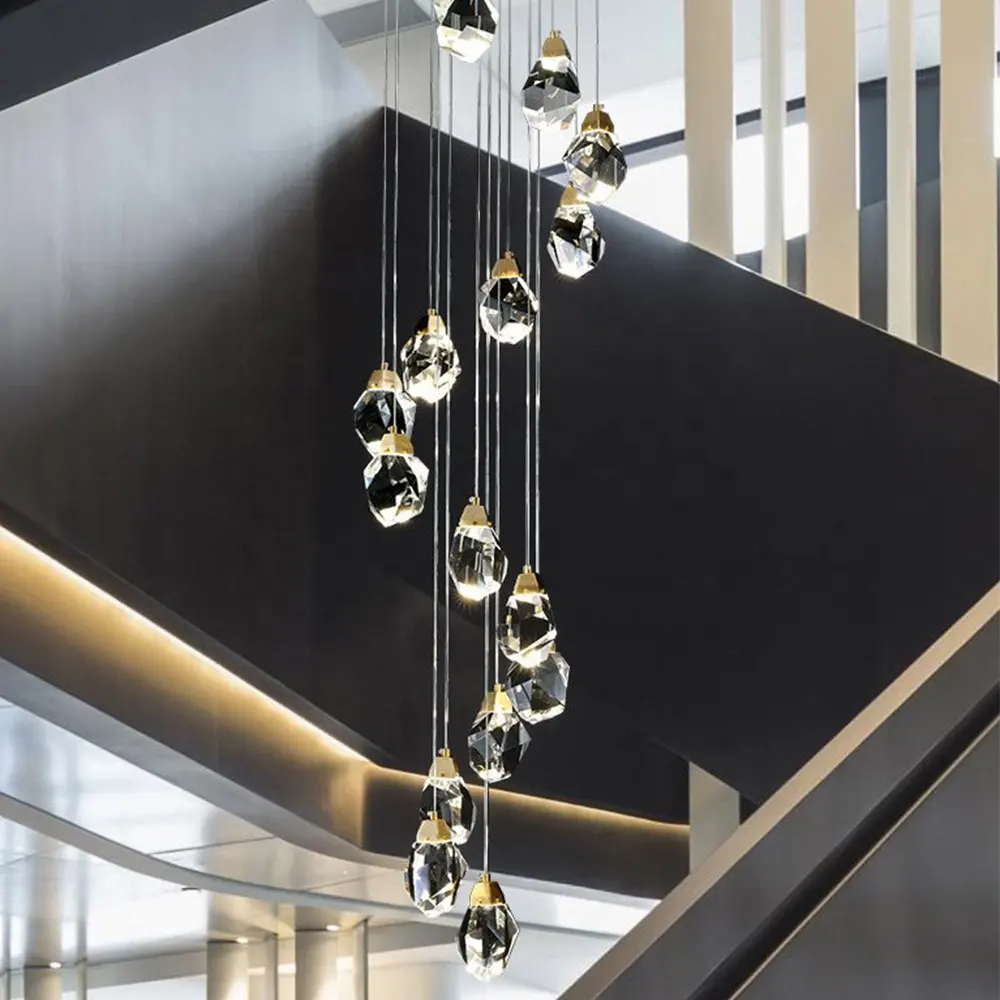 आधुनिक लंबी सीढ़ी प्रकाश एलईडी K9 क्रिस्टल लटकन दीपक बूँद सर्पिल क्रिस्टल श्रृंखला झूमर होटल और घर के लिए