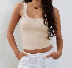 Tops courts décontractés pour femmes avec logo personnalisé, col carré, basiques, en dentelle, avec nœud, coupe ajustée, débardeur, t-shirt sans manches, style Y2K - Product Image 5