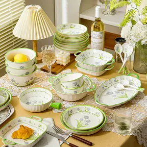 家用厨房餐具淡绿色花朵印花陶瓷碗盘和汤锅套装礼品