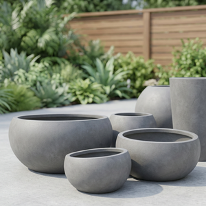 Ensemble de pots à fleurs en béton minimalistes, jardinières rondes d'extérieur pour plantes vertes, design moderne - Product Image 1