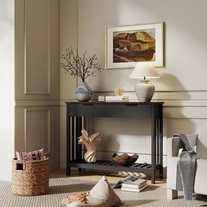 <span class=keywords><strong>Mesa</strong></span> Consola Estrecha Negra con Cajón y Estante de Almacenamiento, <span class=keywords><strong>Mesa</strong></span> de Entrada de Madera, <span class=keywords><strong>Mesa</strong></span> Consola Lateral para Sala de Estar - Product Image 4