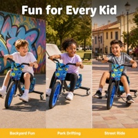 Drift Trike pour Enfants, Véhicule de Drift à Grandes Roues, Pneu Avant Gonflable de 16 Pouces, PU Léger de 70 mm, Cadre Réglable, 100 kg, Électronique Moderne