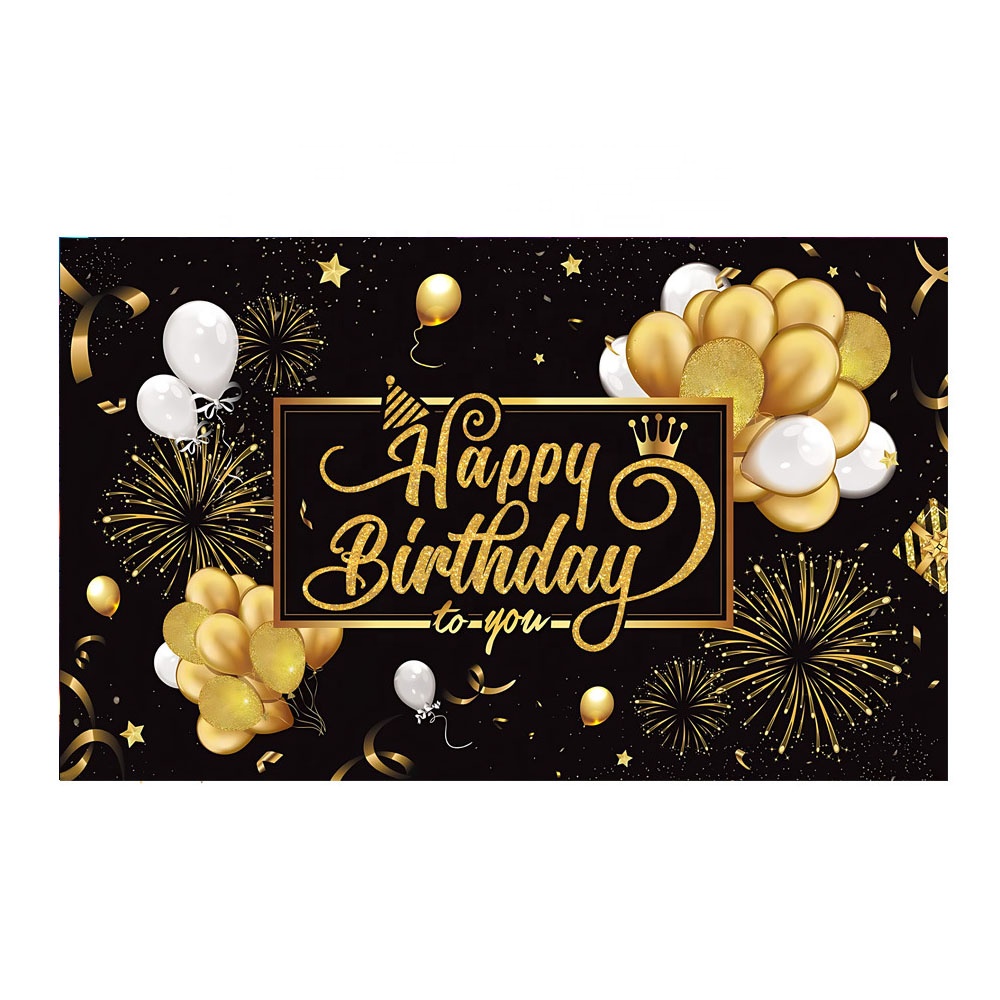 Happy Birthday Backdrop Banner - Large 44x73 Inch Black Gold Balloon Star Party Decor