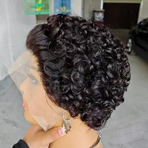 Wig rambut manusia potongan Pixie pendek lurus Wig depan renda transparan 13X4 oranye jahe Virgin India grosir UNTUK WANITA HITAM