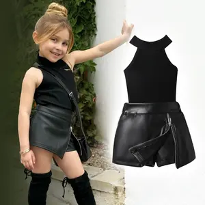 Hot Sale 2024 Child Girls Outfit Striped Vest Top PU Leather Zipper Shorts Skirt Two Piece Kids Summer Clothing Sets