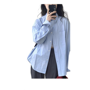 เสื้อเชิ้ตผ้าไหมสีฟ้าอ่อนสไตล์ฝรั่งเศสใหม่ปี 2025 สำหรับผู้หญิง คอตั้งทรงหลวม สไตล์เสื้อคลุม  สำหรับต้นฤดูใบไม้ร่วง ไซส์ L XL - Product Image 4