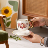 Set Cangkir Kopi Keramik Retro Mewah 6 Buah dengan Desain Bunga Kecil, Portabel