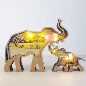 Wholesale/Customized Wood Carved Elephant Artifact Creative Mother's Day Home Decor Elephant Parent-child Desktop 3D Decoration