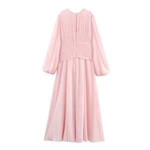 Robe longue maxi décontractée rose à col rond et manches lanternes plissées pour femme avec doublure - Product Image 2