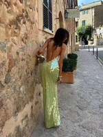 Robe longue unie verte sexy dos nu pour femme, élégante, à fines bretelles, col carré, coupe trapèze, respirante, pour soirée