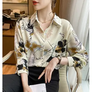 Ready Stock Retro Printed Blouse with Long Sleeve Lapel Floral Blouses Shirts 8902#