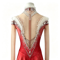 Robe de patinage artistique à col montant, dégradé rouge et blanc, ornée de strass, en tissu mesh, pour compétition et spectacle sur glace (adultes et enfants)