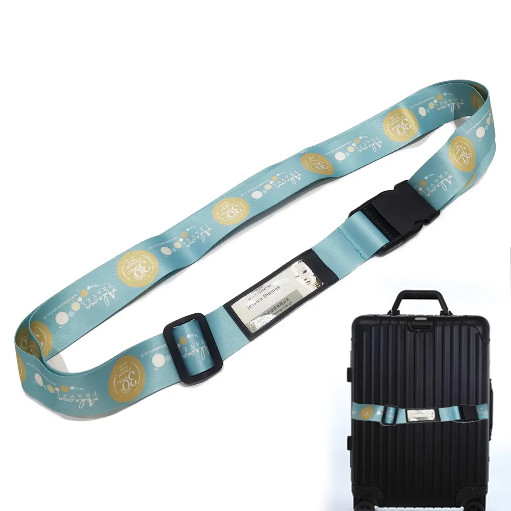 Cinturones de maleta ajustables con logotipo personalizado de sublimación de 5,0 cm de ancho, correas de equipaje de seguridad con etiquetas de nombre de equipaje para maletas