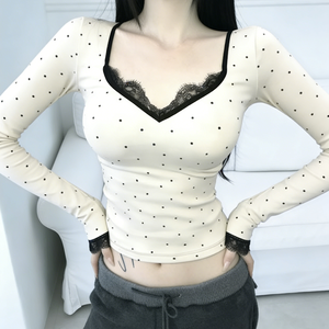 T-shirt en maille extensible à manches longues et col en V, coupe ajustée, motif pois et blocs de couleur, décontracté, écologique, avec bordure en dentelle, pour le printemps - Product Image 2