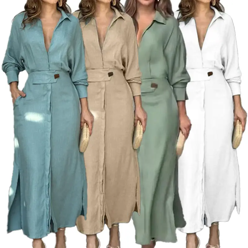Autumn Women's Standing Collar Temperament Long Sleeve Dress Casual Maxi Slim Shirt Dress Women's