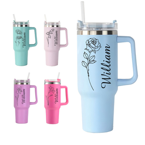 Impression 3d personnalisée nom et fleur de naissance bouteille d'eau en acier inoxydable cadeau de voyage tasses avec poignée et paille - Product Image 1