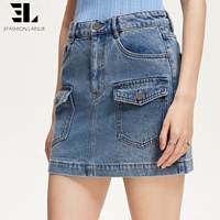 Rok Denim Pendek Wanita LARSUR Custom Factory, Model Distress Wash, Multi Kantong, Pinggang Tinggi