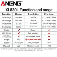Multímetro Digital Mini ANENG XL830L, 1999 Lecturas, Voltímetro AC/DC, Amperímetro, Ohmímetro, Probador de Transistores HFE, Herramientas de Medición Eléctrica